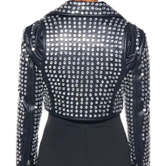 Callie Lives Xena 3006 Black AZALEA WANG 3000 Rhinestone Studded Moto Jacket ML - Picture 3 of 14